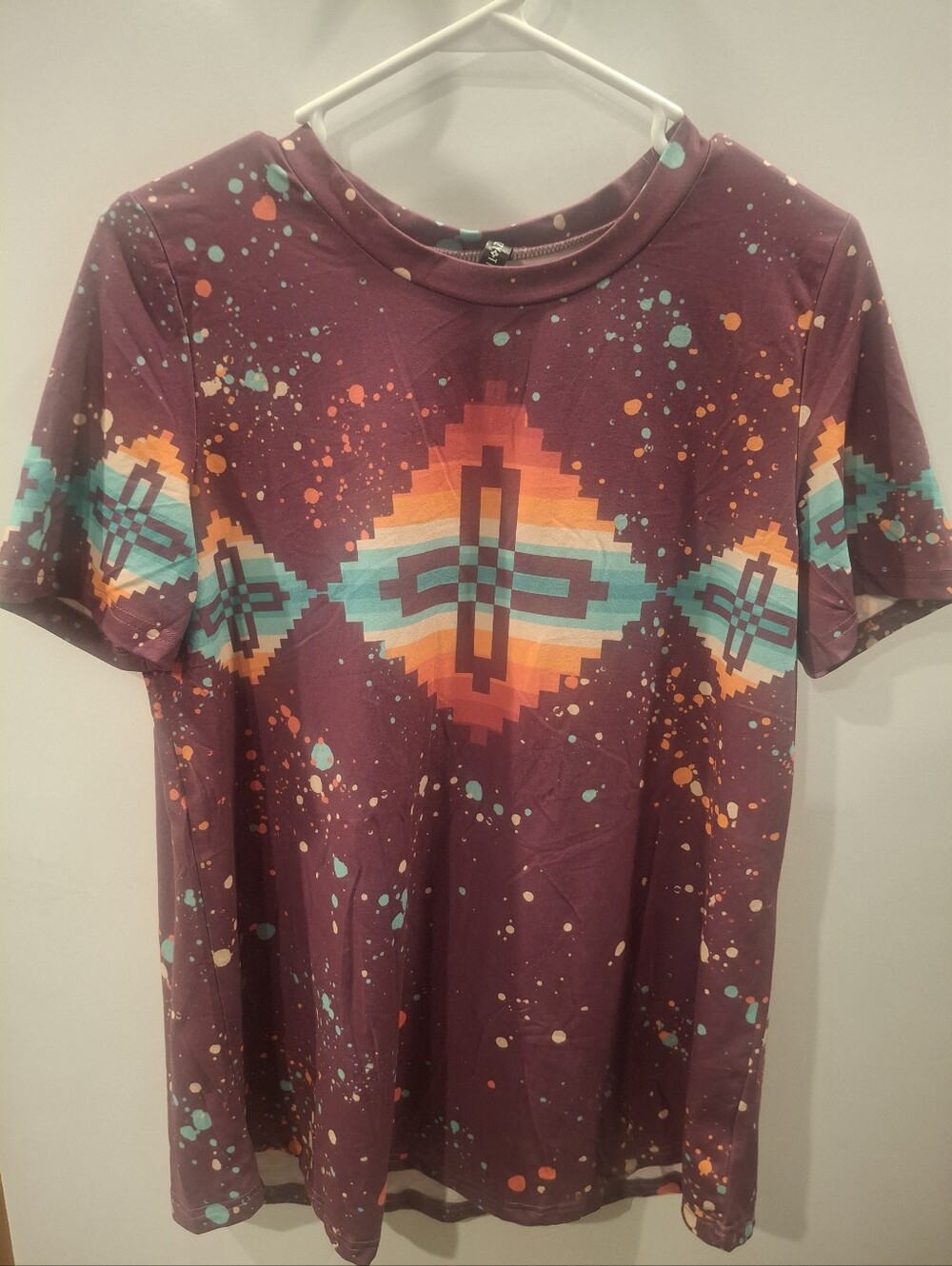 Women's Geometric Aztec Tee - Purple with Teal & Orange